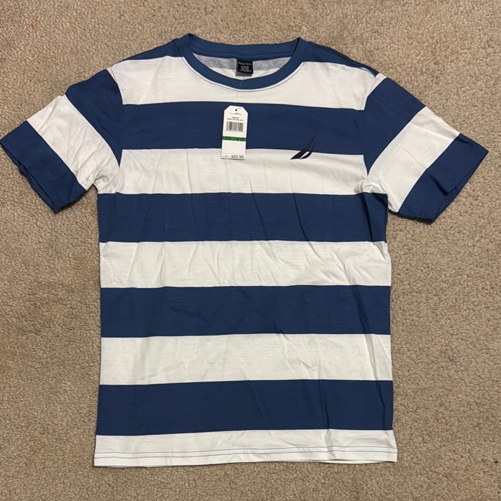 Nautica Blue and White Striped Short Sleeve Tee